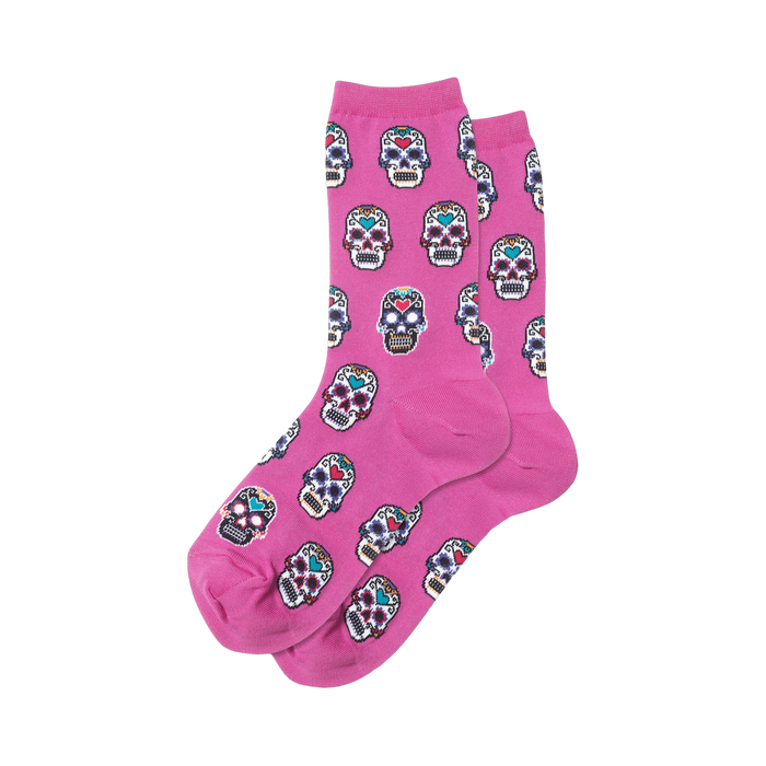 Close-up of pink Sugar Skull socks showing the detailed skull design.