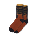 Pair of brown and black crew socks. Features a brown cat wearing a gold headband, with 'The Great Gatsby' text in gold lettering.