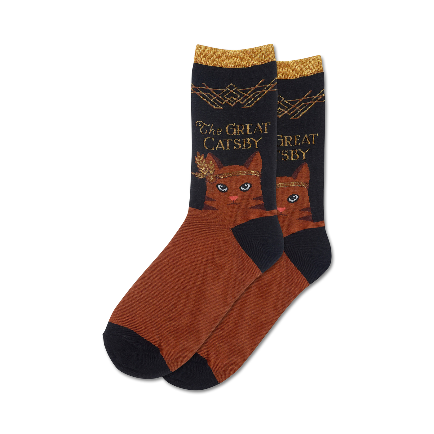 Pair of brown and black crew socks. Features a brown cat wearing a gold headband, with 'The Great Gatsby' text in gold lettering.