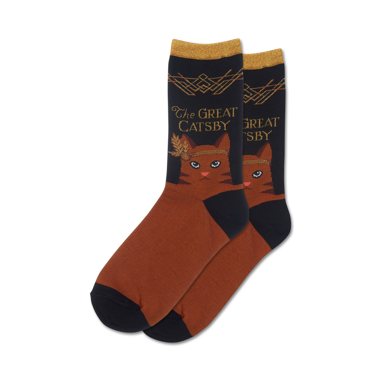 Pair of brown and black crew socks. Features a brown cat wearing a gold headband, with 'The Great Gatsby' text in gold lettering.