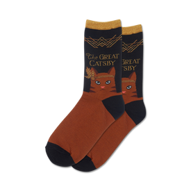black, brown, and gold cat socks with "the great catsby" in gold letters; crew length for women.  