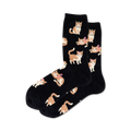Pair of black crew socks with a repeating pattern of orange tabby cats wearing pink bows. 