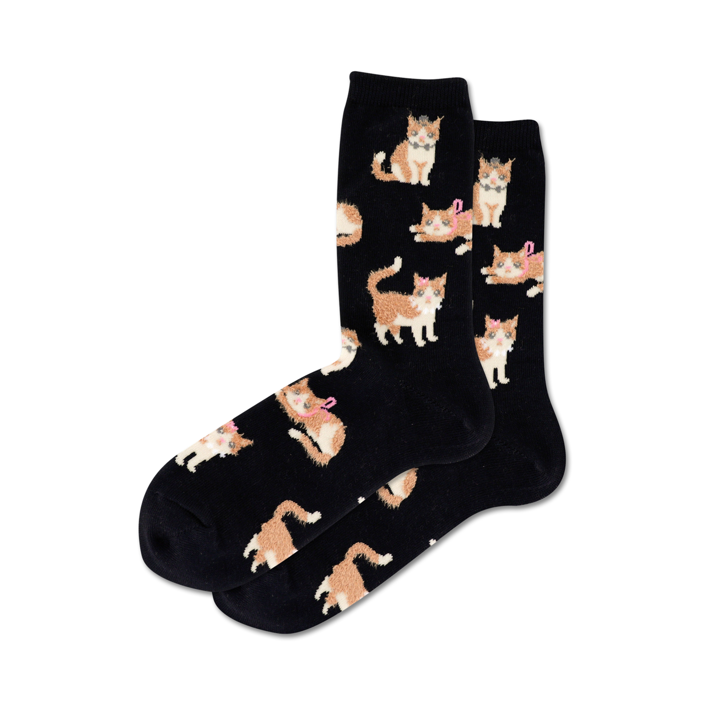 Pair of black crew socks with a repeating pattern of orange tabby cats wearing pink bows. 