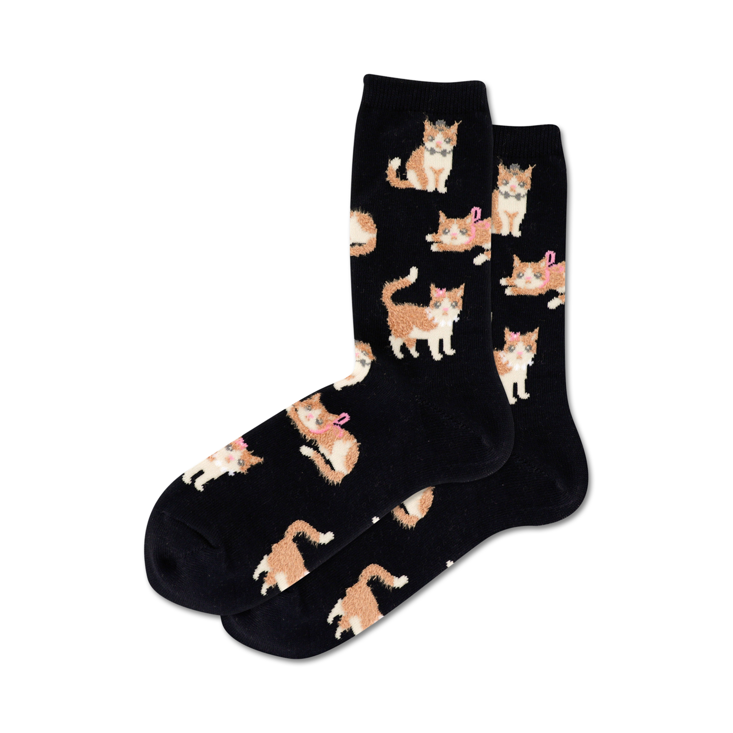 Pair of black crew socks with a repeating pattern of orange tabby cats wearing pink bows. 