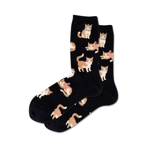 Pair of black crew socks with a repeating pattern of orange tabby cats wearing pink bows. 
