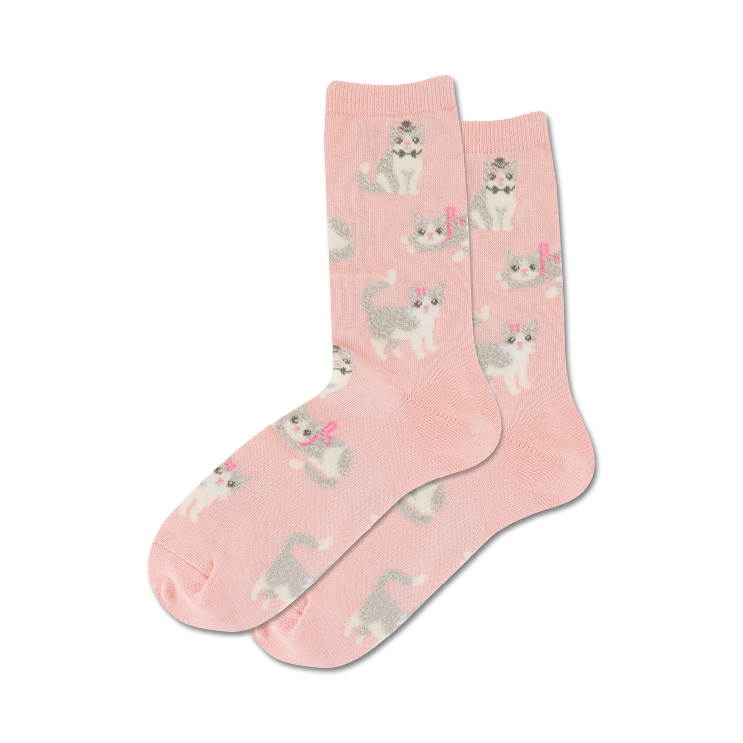 Close-up of a pair of pink crew socks featuring a pattern of gray kittens with pink bows.