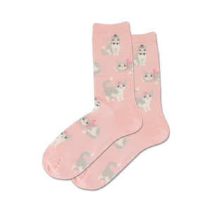 pink crew socks with gray cats wearing black top hats and pink bows. womens.   