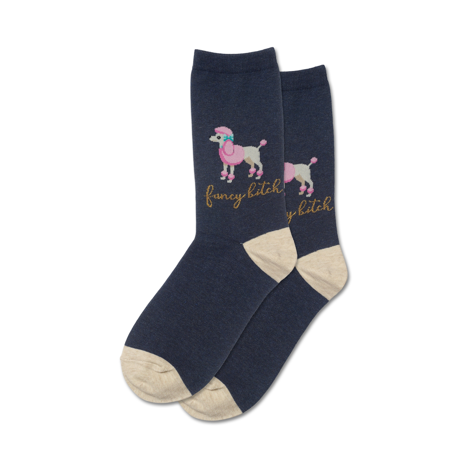 Pair of navy blue crew socks with a beige cuff.  Features a pink poodle design and 'Fancy Bitch' text in gold glitter.
