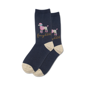 dark blue womens crew socks featuring pink bow-wearing dog image.  