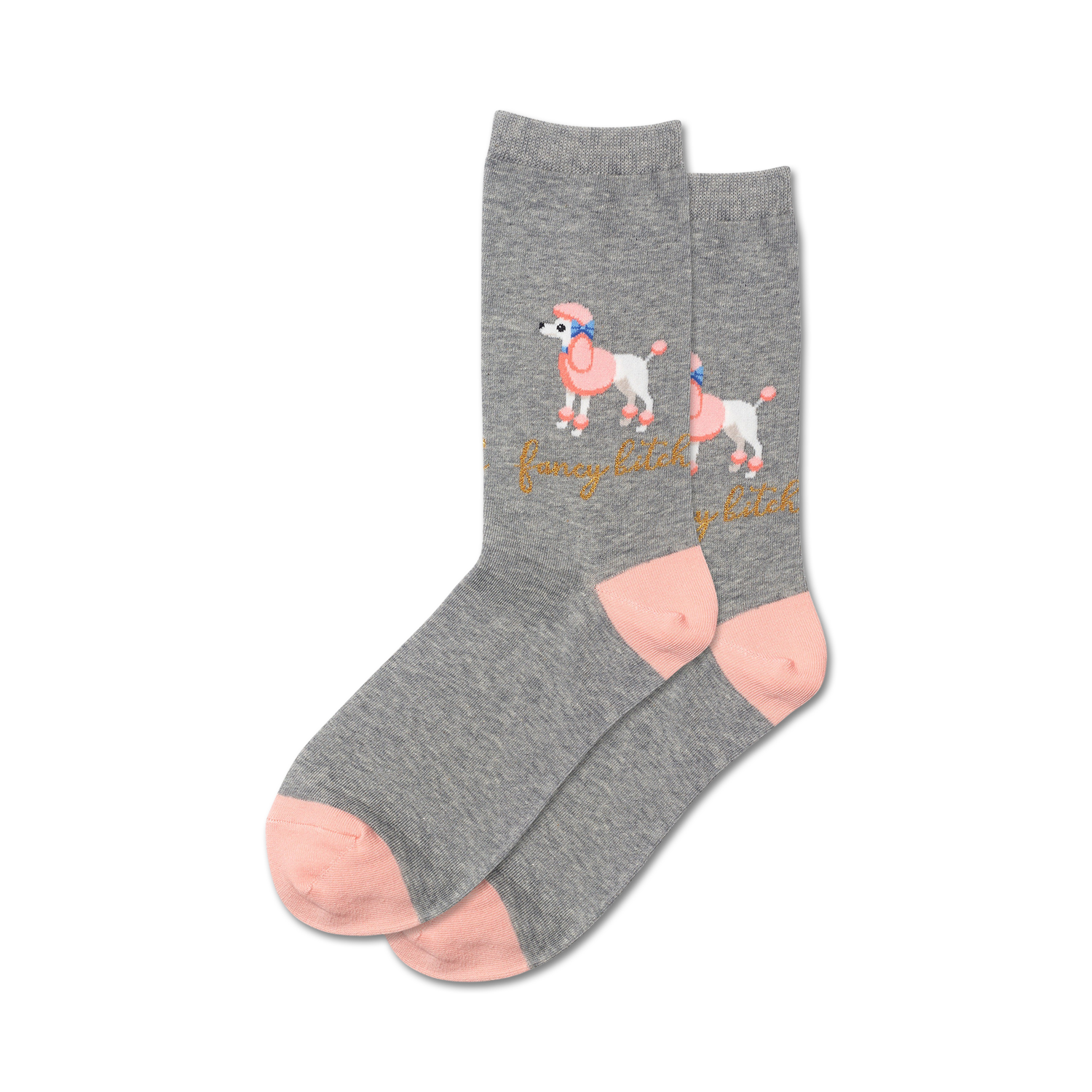 Lifestyle shot showing a pair of grey 'Fancy Bitch' socks with pink accents on a model's feet.