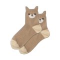 Pair of tan crew socks with adorable teddy bear faces embroidered on the top.  Cream-colored heel and toe.