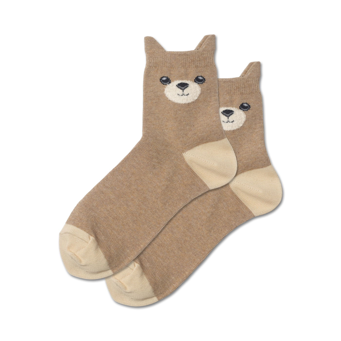 Pair of tan crew socks with adorable teddy bear faces embroidered on the top.  Cream-colored heel and toe.