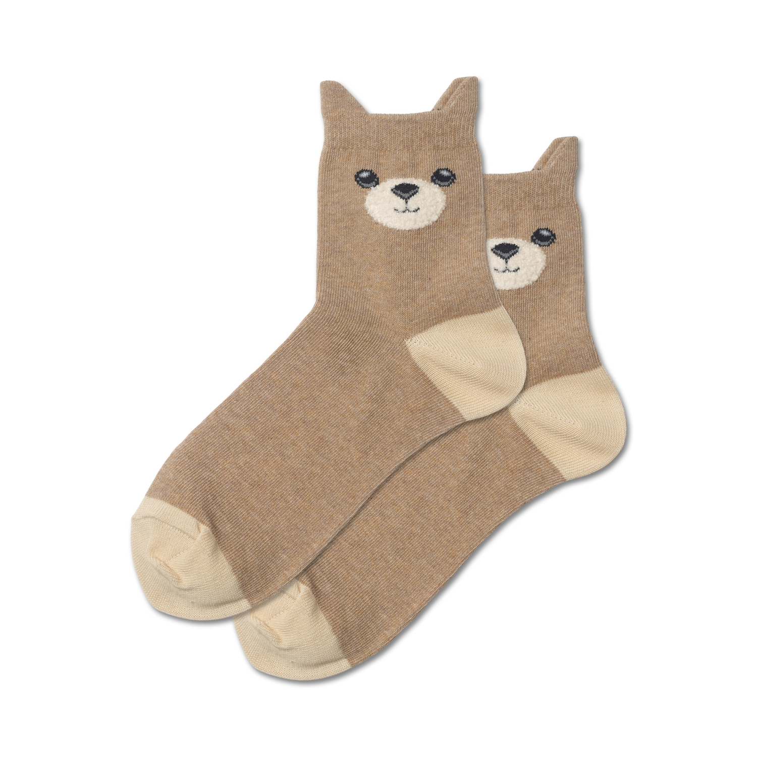 Pair of tan crew socks with adorable teddy bear faces embroidered on the top.  Cream-colored heel and toe.