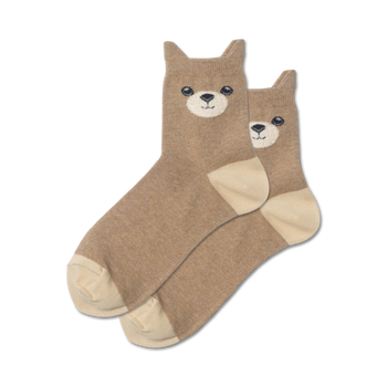 alt text description:**  ankle-length brown socks with a pattern of fuzzy teddy bears with black eyes and noses.  **