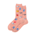 Pair of women's crew socks, light pink with a pattern of colorful illustrated books and glasses.