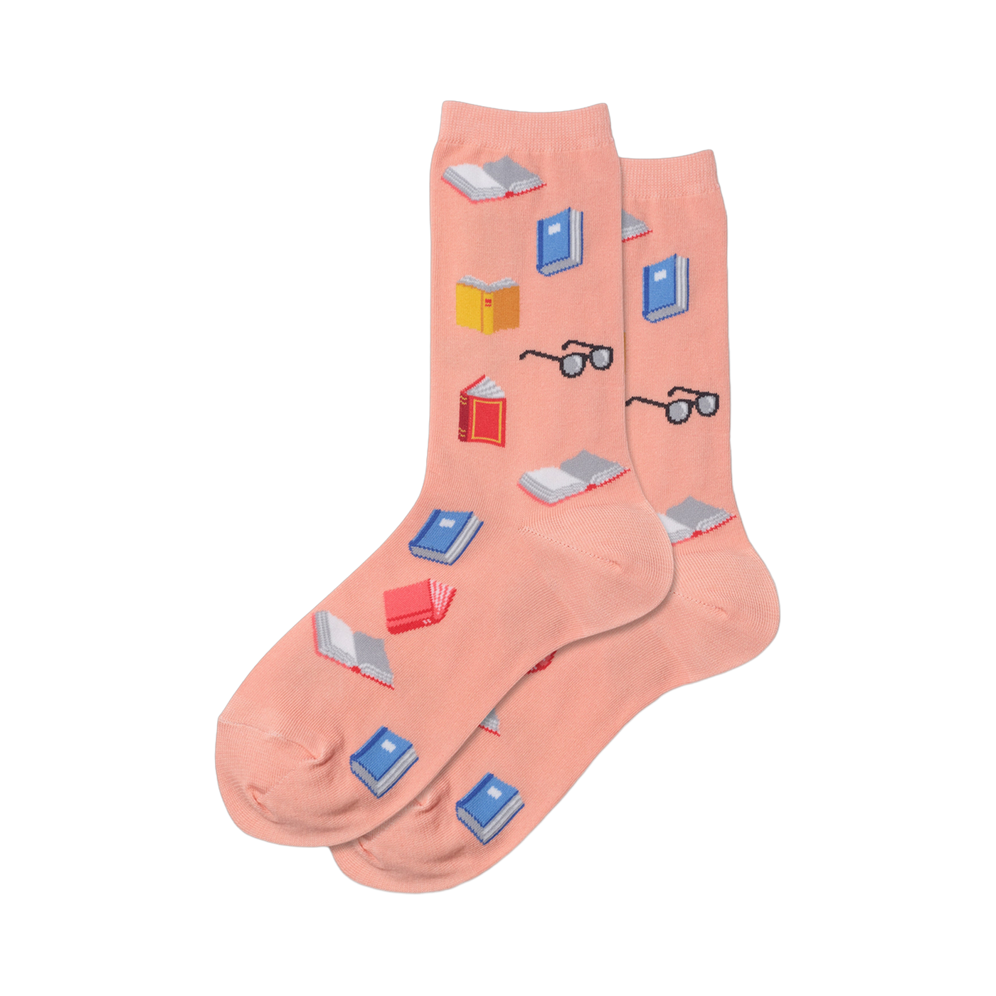 Pair of women's crew socks, light pink with a pattern of colorful illustrated books and glasses.