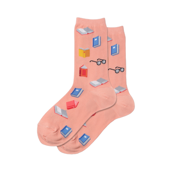 Pair of women's crew socks, light pink with a pattern of colorful illustrated books and glasses.