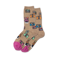 Tan crew socks with colorful vintage camera designs.  Pink and white cuffs. Fun, retro style.