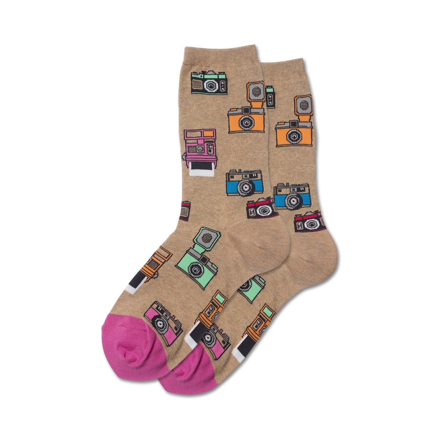 Tan crew socks with colorful vintage camera designs.  Pink and white cuffs. Fun, retro style.