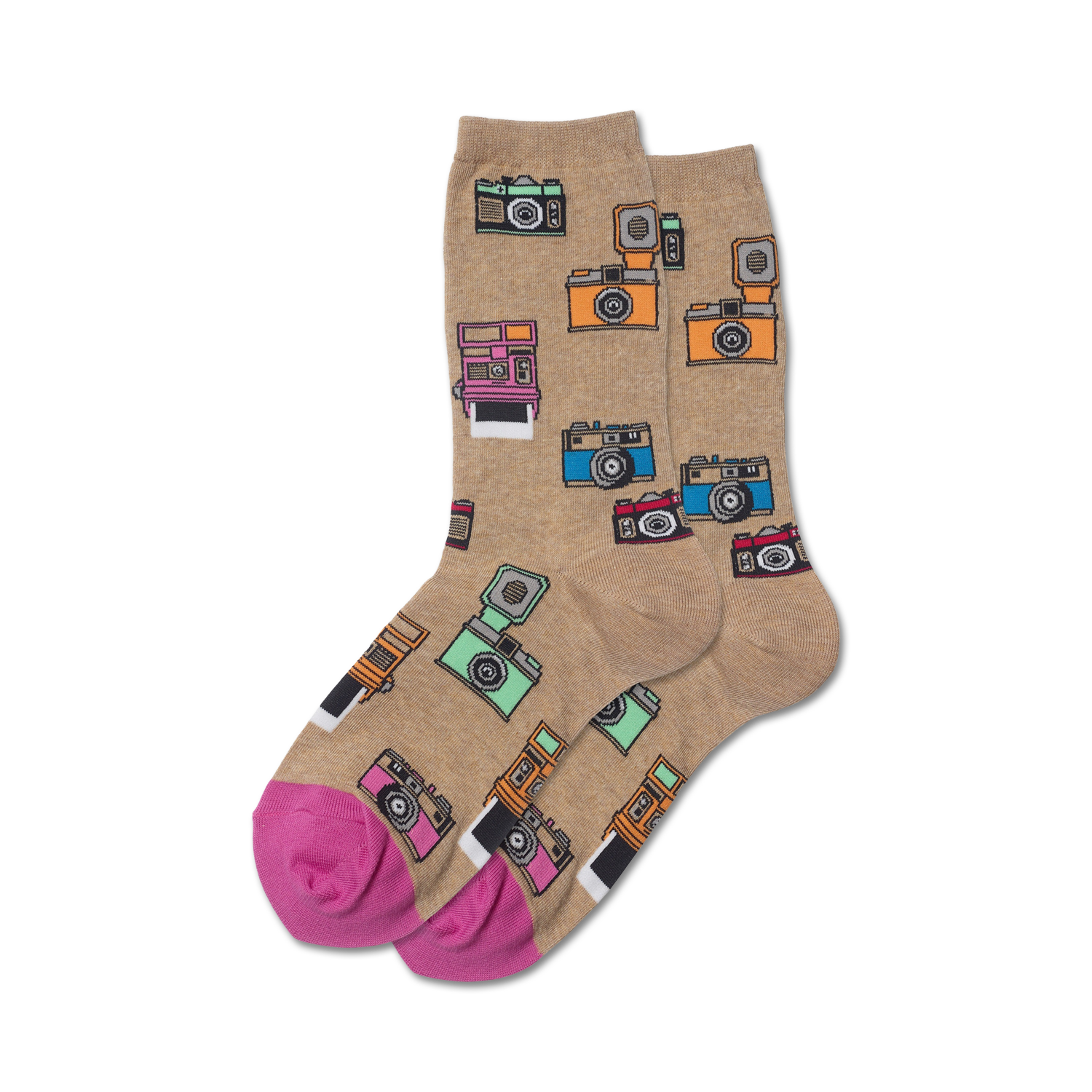 Tan crew socks with colorful vintage camera designs.  Pink and white cuffs. Fun, retro style.