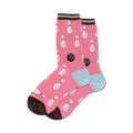 Pair of pink crew socks with white bowling pins and black bowling balls pattern. Brown and light blue cuffs.