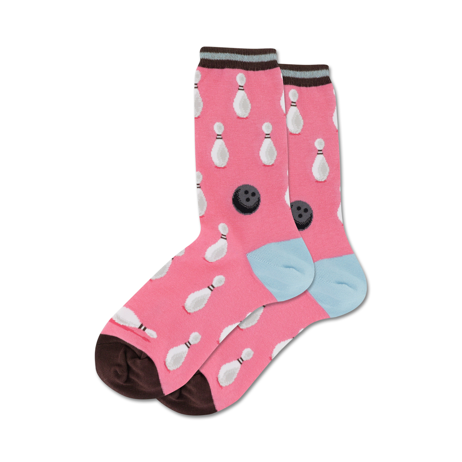 Pair of pink crew socks with white bowling pins and black bowling balls pattern. Brown and light blue cuffs.
