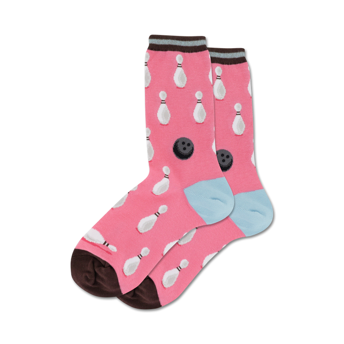 womens pink bowling pins and balls print crew length fun casual socks  