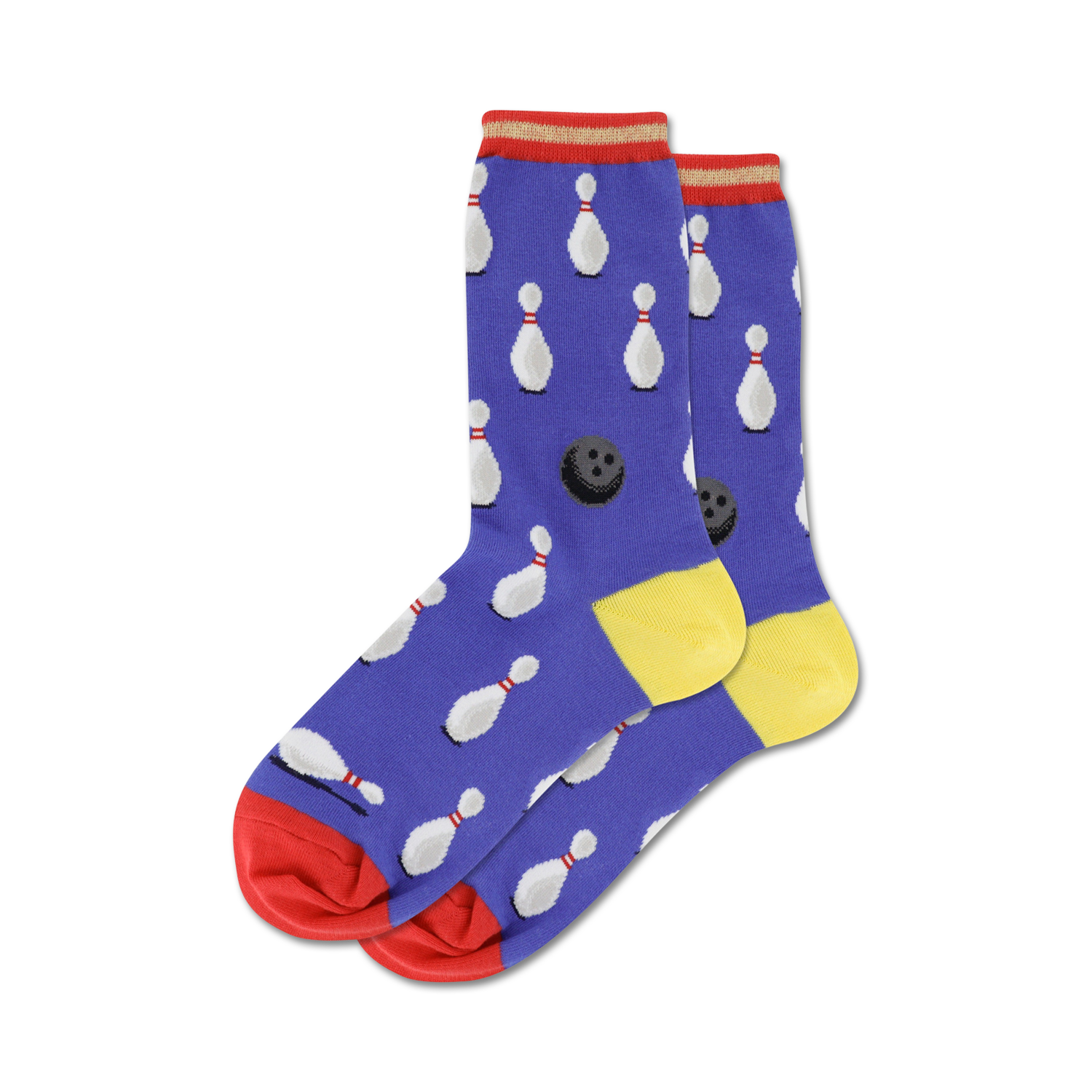 Lifestyle photo showing the purple Bowling Stripe socks on a person's feet.