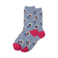 Pair of women's crew socks in light blue with a repeating coffee cup design and hot pink cuffs.