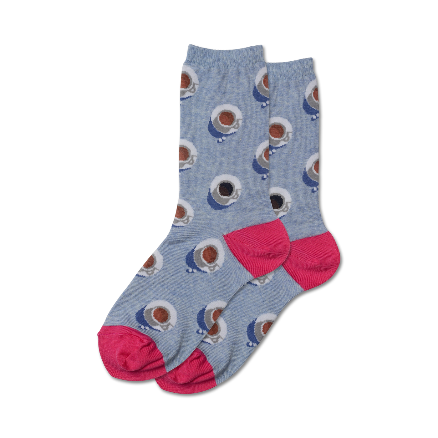 Pair of women's crew socks in light blue with a repeating coffee cup design and hot pink cuffs.