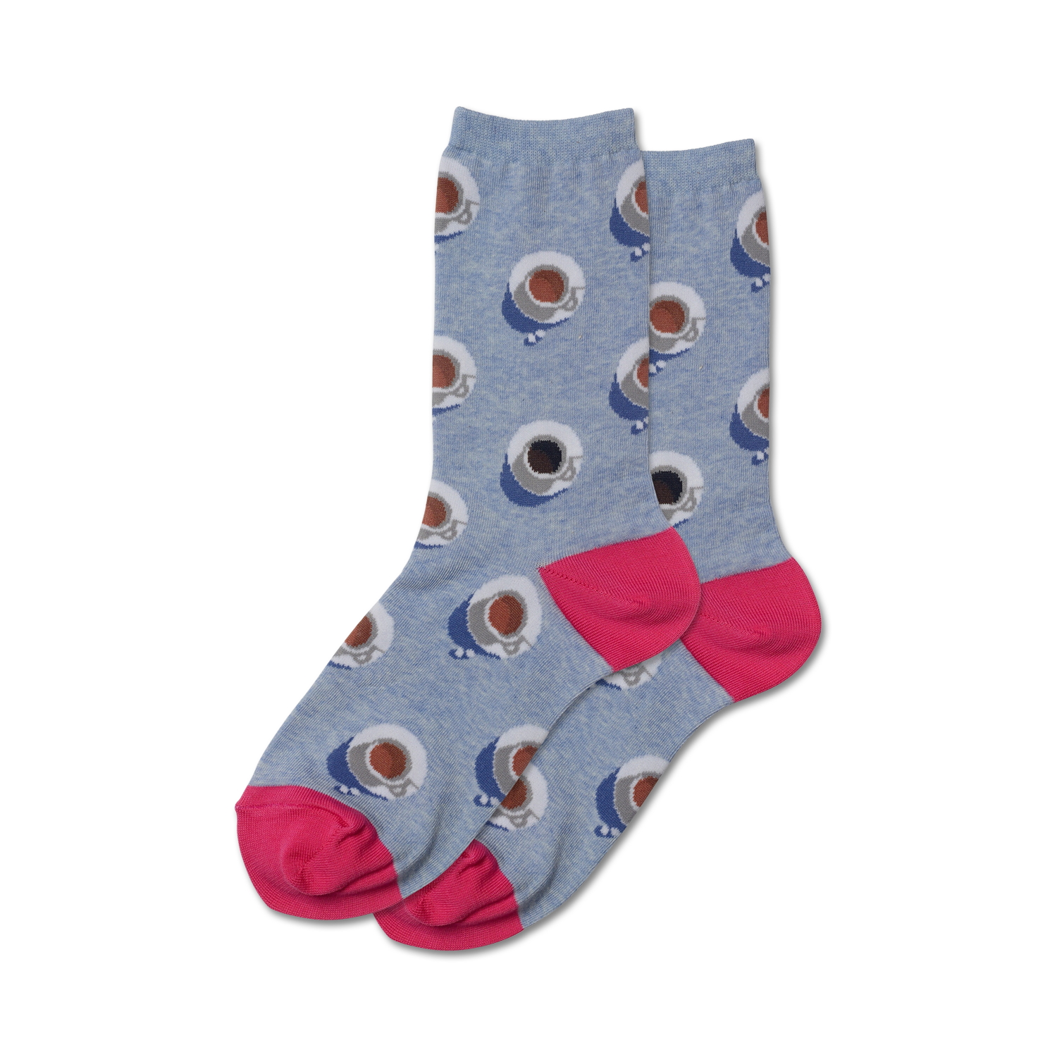Pair of women's crew socks in light blue with a repeating coffee cup design and hot pink cuffs.