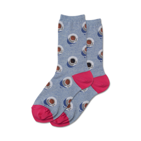 light blue crew socks with coffee cup pattern for women.  
