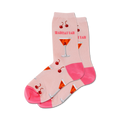 Pair of pink crew socks with a Manhattan cocktail print. Features orange cocktails, red cherries, and pink accents.