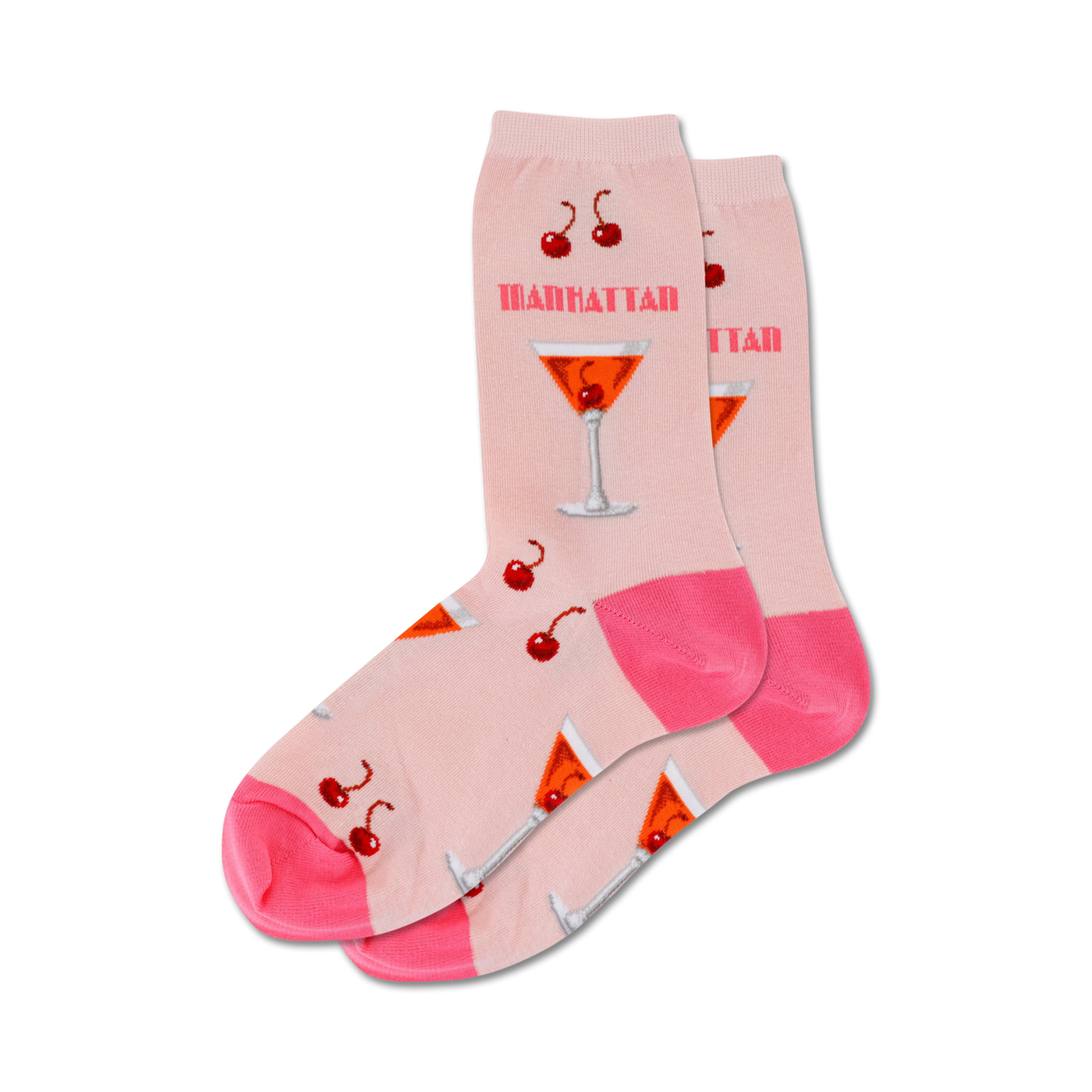 Pair of pink crew socks with a Manhattan cocktail print. Features orange cocktails, red cherries, and pink accents.