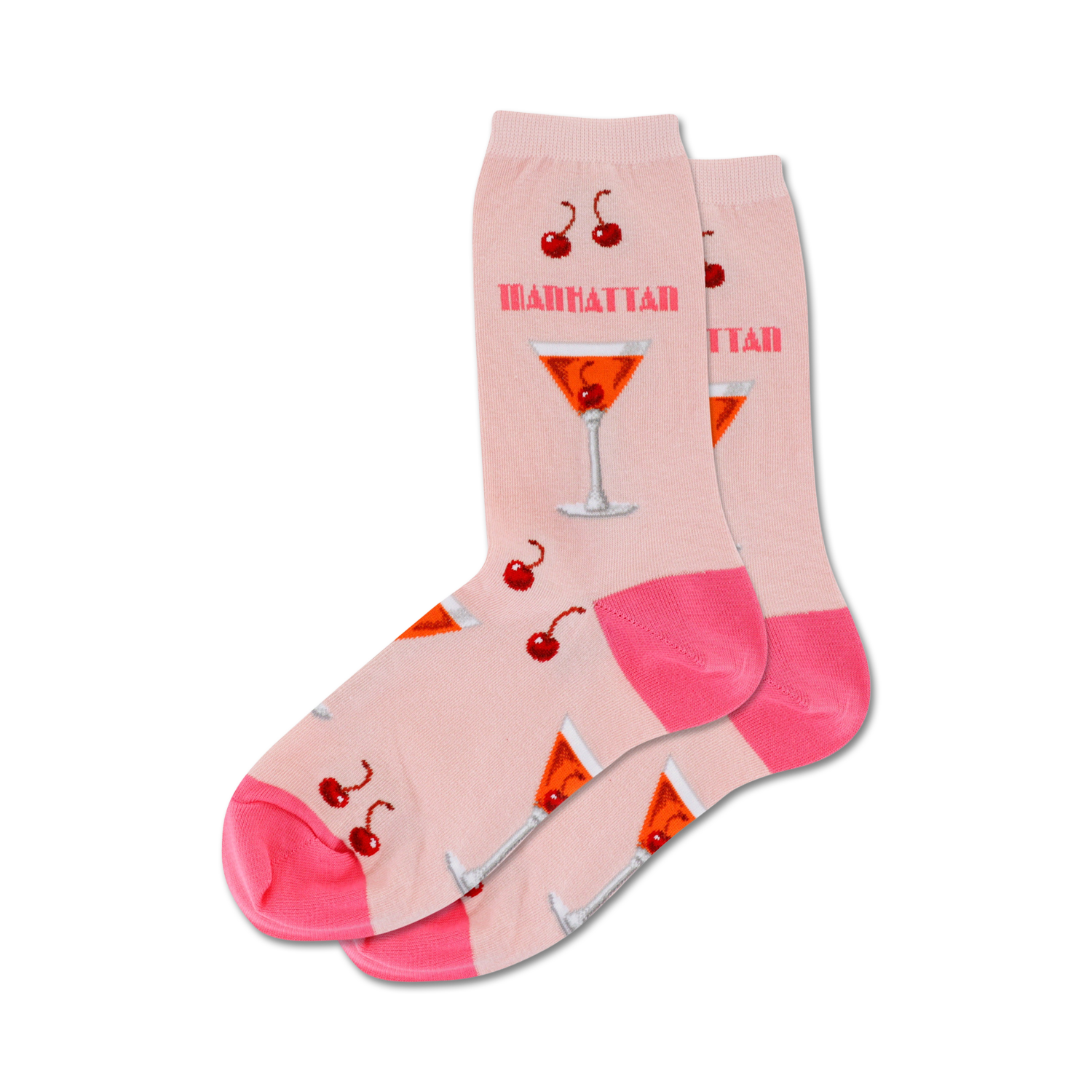 Pair of pink crew socks with a Manhattan cocktail print. Features orange cocktails, red cherries, and pink accents.