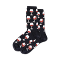 Pair of crew socks in navy blue with a repeating pattern of red wine glasses.  Fun and stylish!