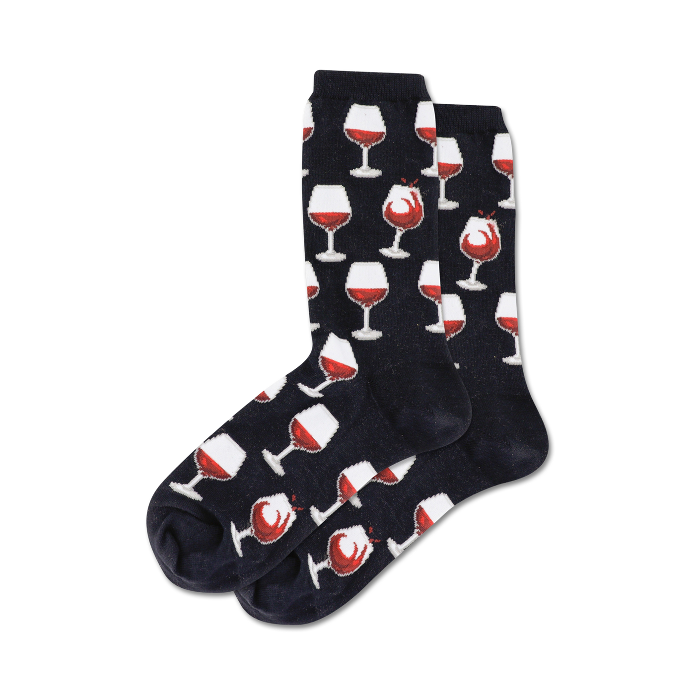 Pair of crew socks in navy blue with a repeating pattern of red wine glasses.  Fun and stylish!