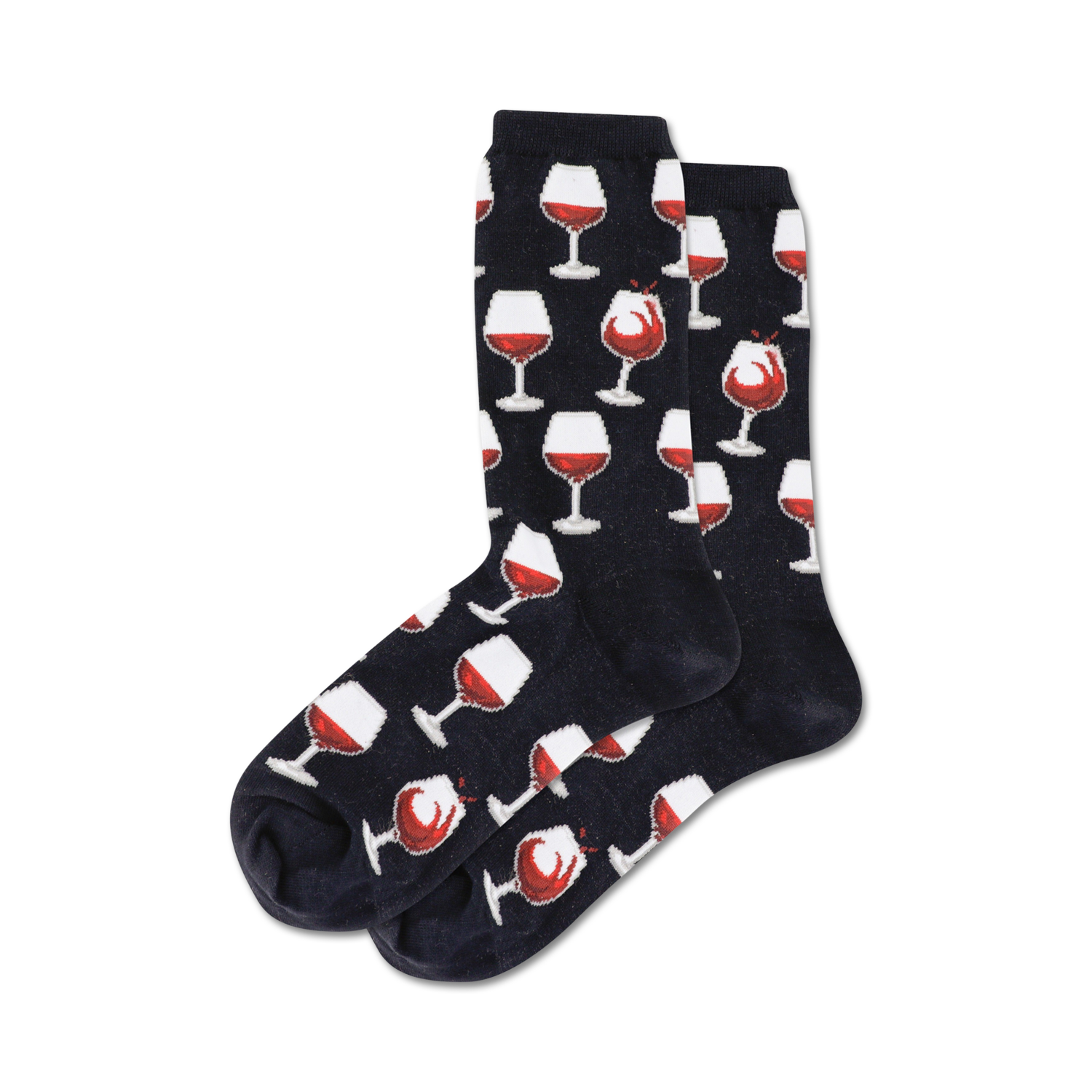 Pair of crew socks in navy blue with a repeating pattern of red wine glasses.  Fun and stylish!