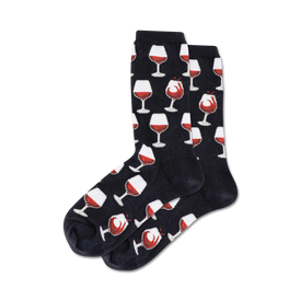 black crew socks for women with an allover pattern of cartoonish wine glasses with red, spilled wine.  