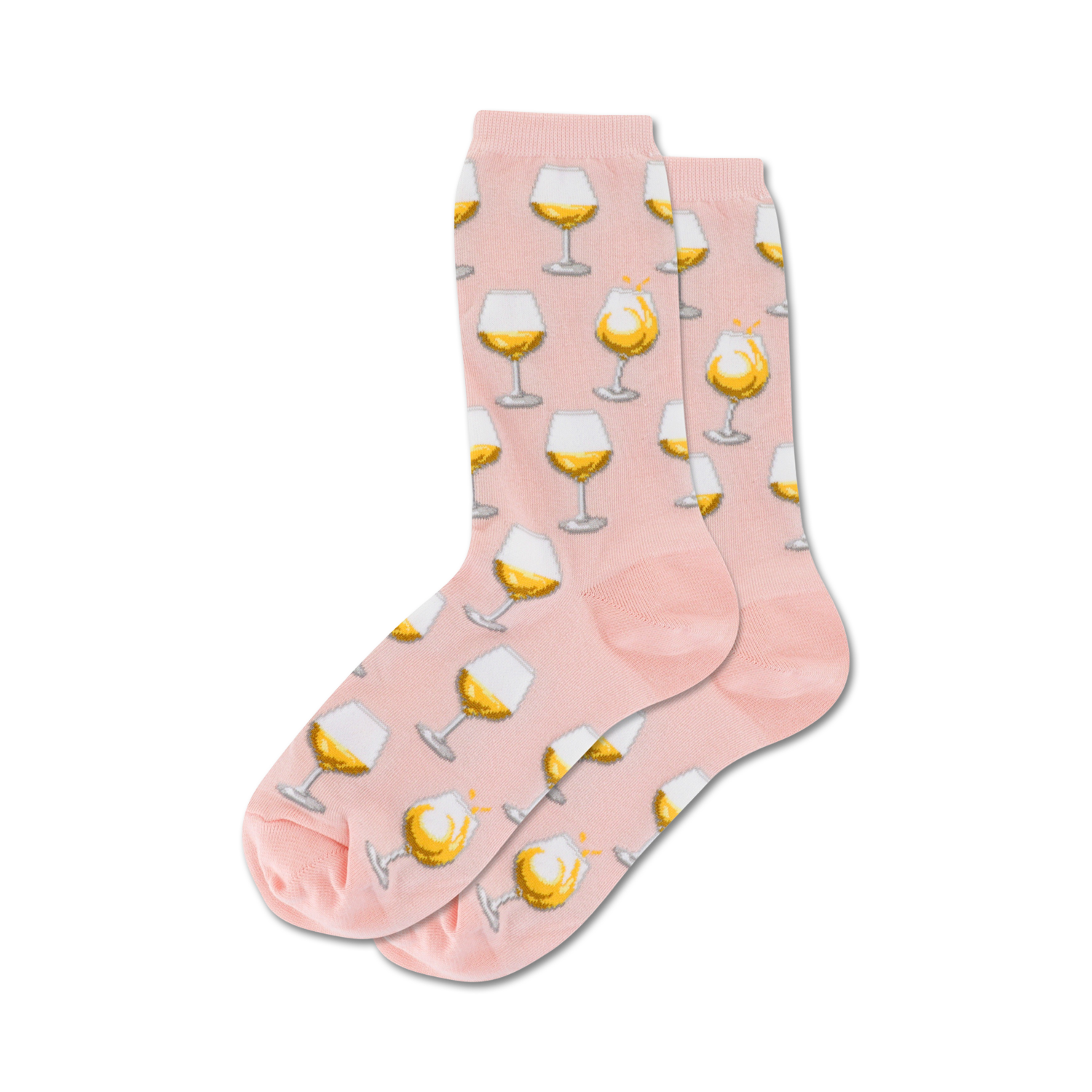 Lifestyle shot showing the pink Wine Glass socks on a model's feet.