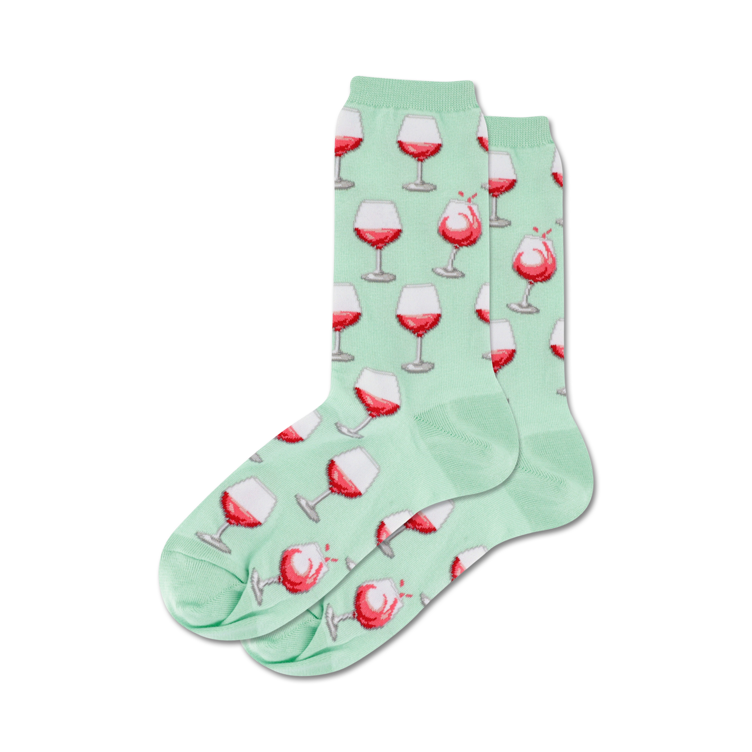 Close-up flatlay showcasing mint green Wine Glass socks.  The detailed design is clearly visible.