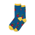 Pair of crew socks in blue with red apples and green leaves. Yellow cuffs. Fun, fruity design.