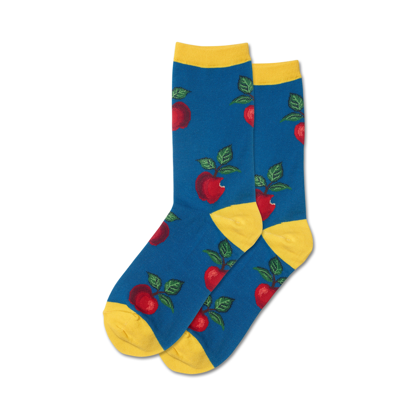 Pair of crew socks in blue with red apples and green leaves. Yellow cuffs. Fun, fruity design.