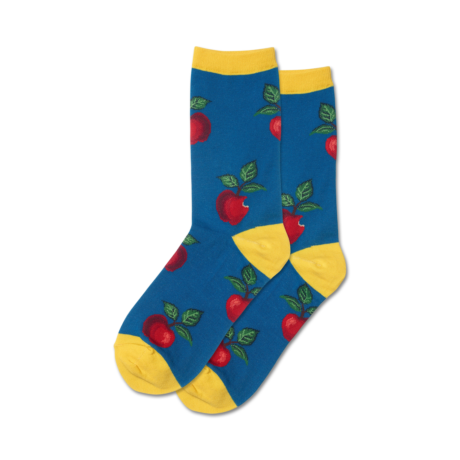 Pair of crew socks in blue with red apples and green leaves. Yellow cuffs. Fun, fruity design.