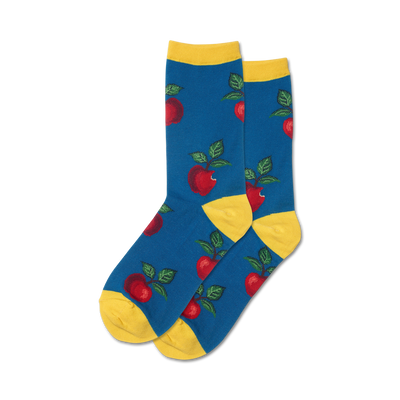 womens apple novelty crew socks in blue and red featuring worm and leaves  