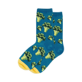 Pair of teal crew socks with a repeating pattern of illustrated green and yellow broccoli florets. Yellow cuffs.