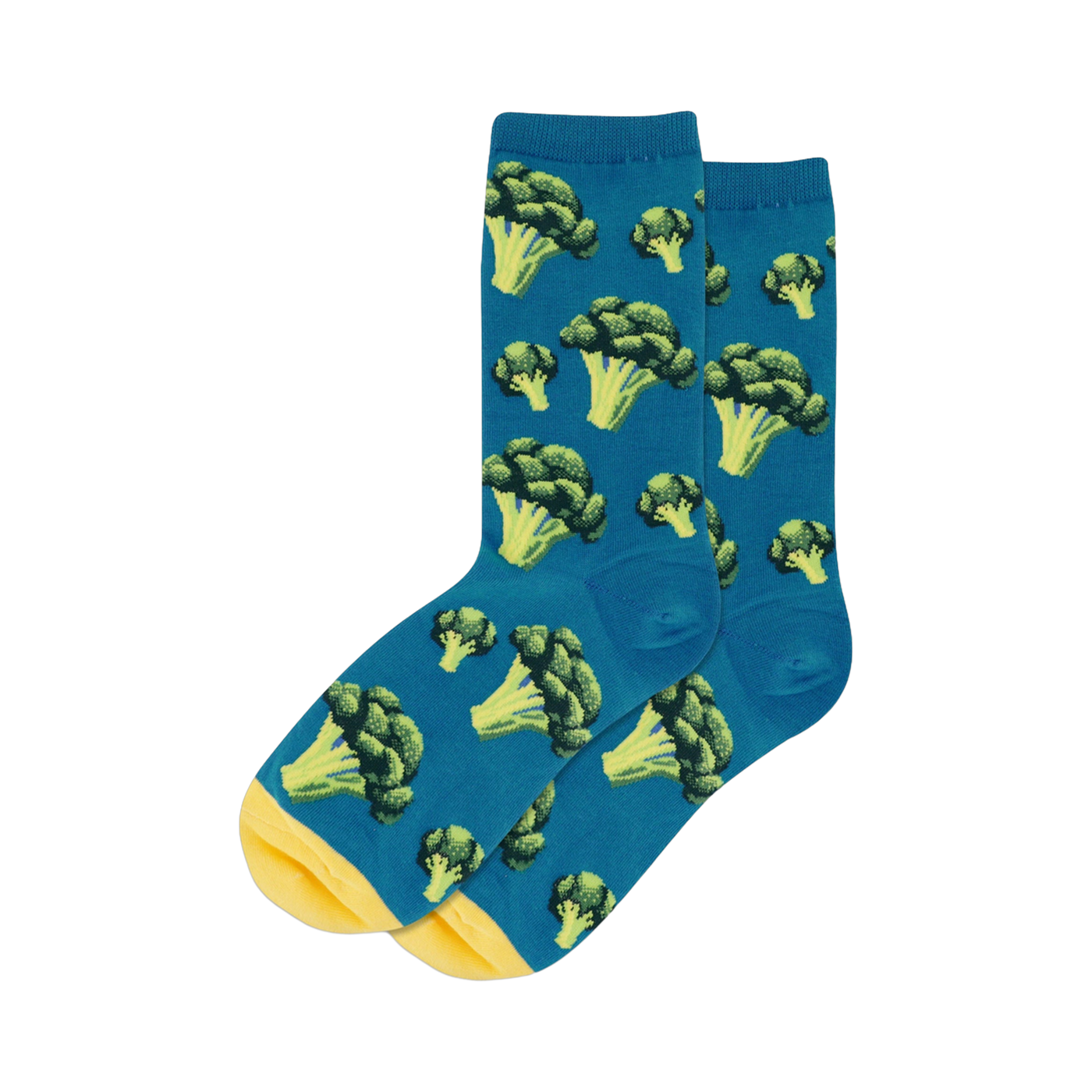 Pair of teal crew socks with a repeating pattern of illustrated green and yellow broccoli florets. Yellow cuffs.