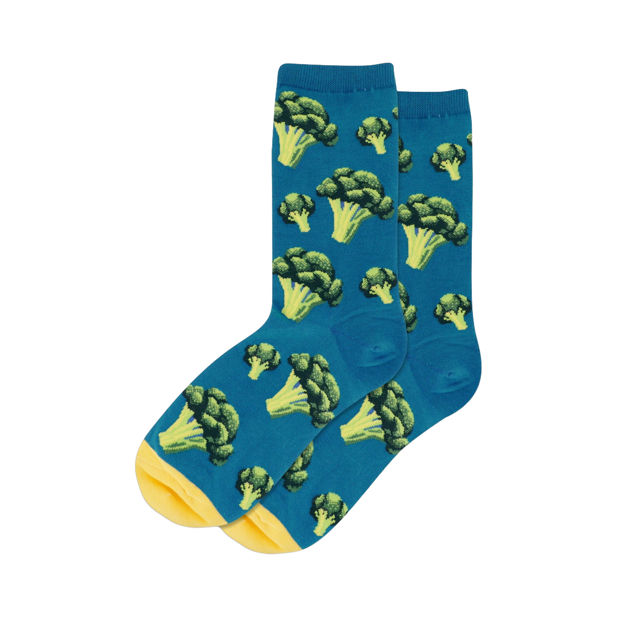 Pair of teal crew socks with a repeating pattern of illustrated green and yellow broccoli florets. Yellow cuffs.