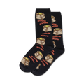 Pair of crew socks; black or grey with illustrated pancakes and bacon.