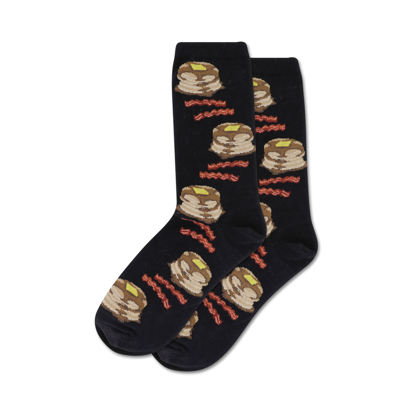 Pair of crew socks; black or grey with illustrated pancakes and bacon.